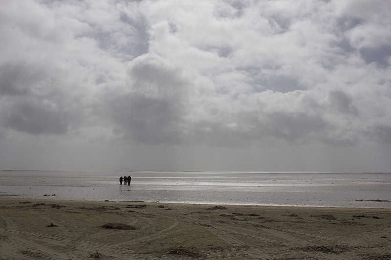 eterårsdag på Rømøs kyst med skyer og gråtoner og en enkelt person på stranden