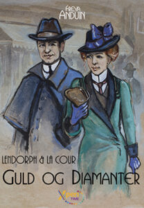 Forsiden til første bog Guld og Diamanter. Anna og Christian på gaden i København. Han er i blå cape coat og blå hat, hun i grøn frakke med sort pelskrave, blå at med lilla sløjfe og lille handsker. suffragette fraver