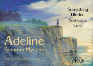 Omslag til kommende engelsksproget bog med Adeline: Noget er borte, nogen er væk. Adeline står på kanten af en klint på den engelske sydkyst med udsigt til sin grandtantes manorhouse bagved